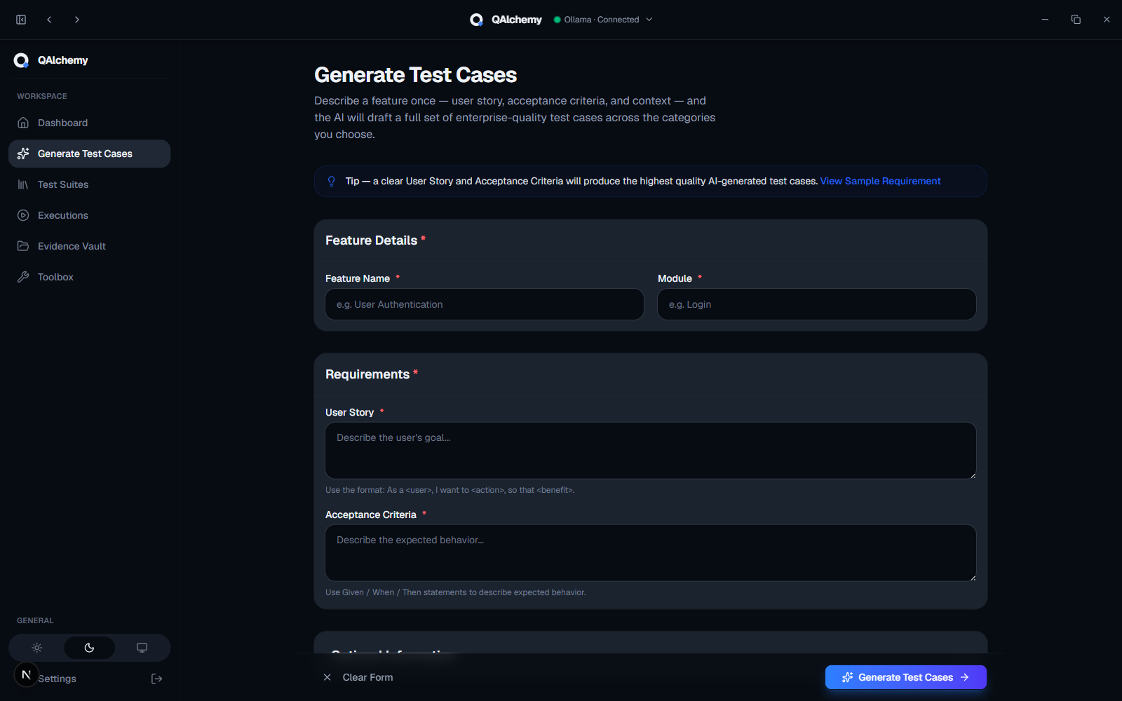 QAlchemy Generate Test Cases screen