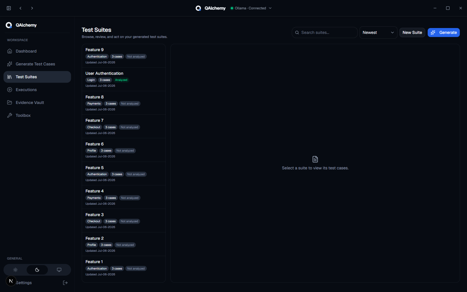 QAlchemy Test Suites screen